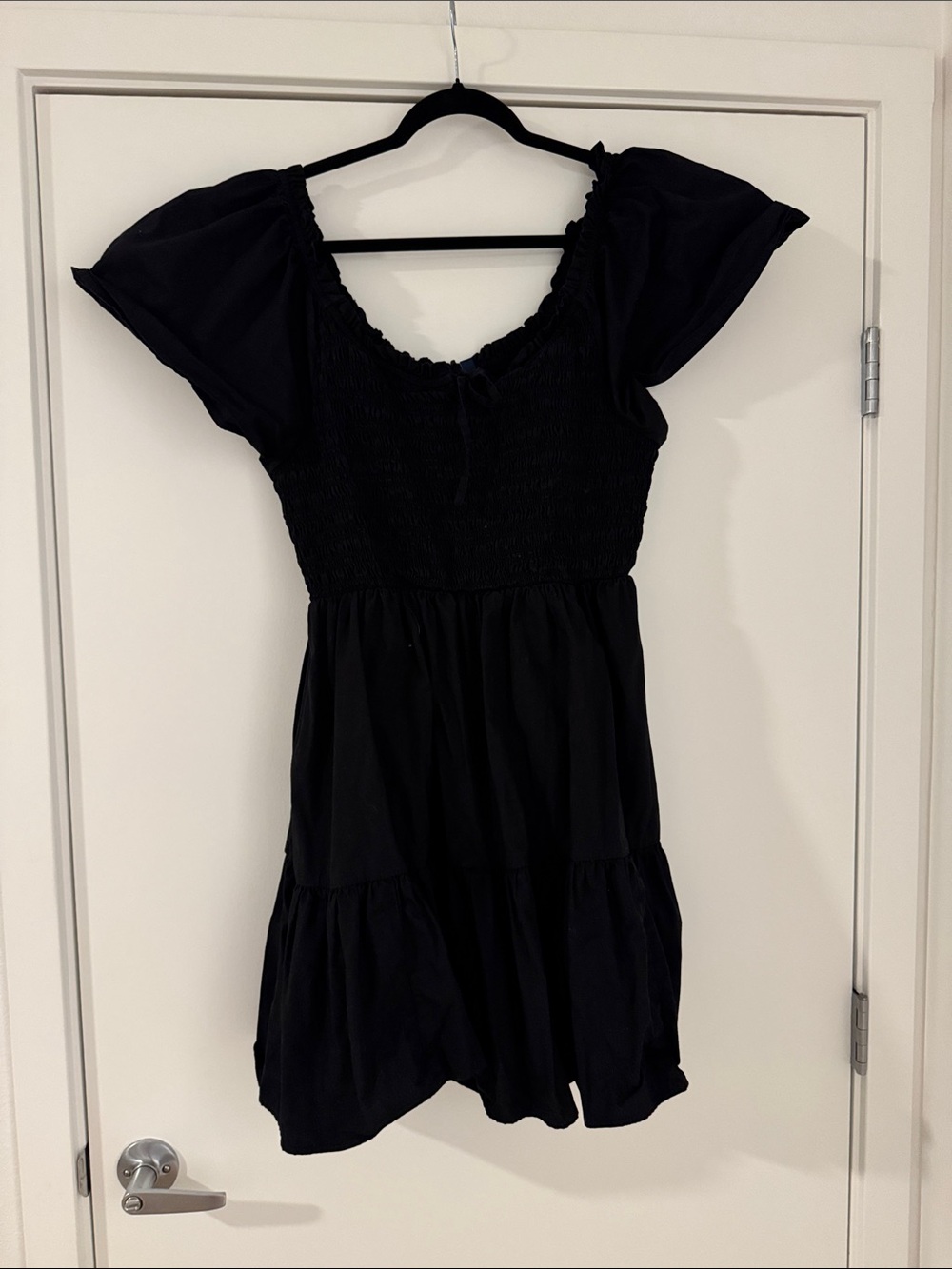 GAP Black Smocked Puff Sleeve Casual Dress